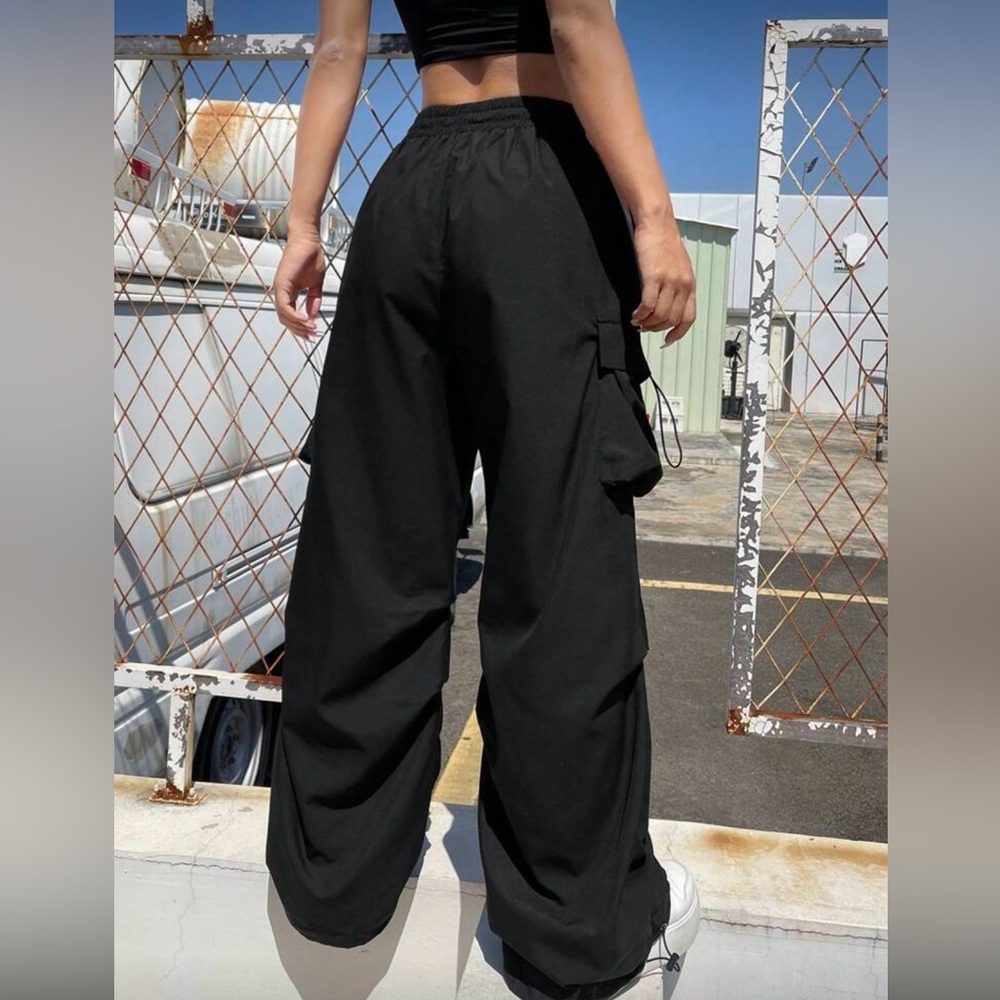 Black Cargo Pants with drawstring pockets - Picture 2 of 9